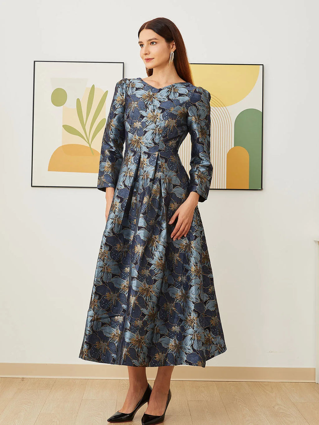 Elegant Women Long Maxi Evening Dress Floral Jacquard Fall V Neck Lady Autumn Winter Party Fashion Formal Vestidos