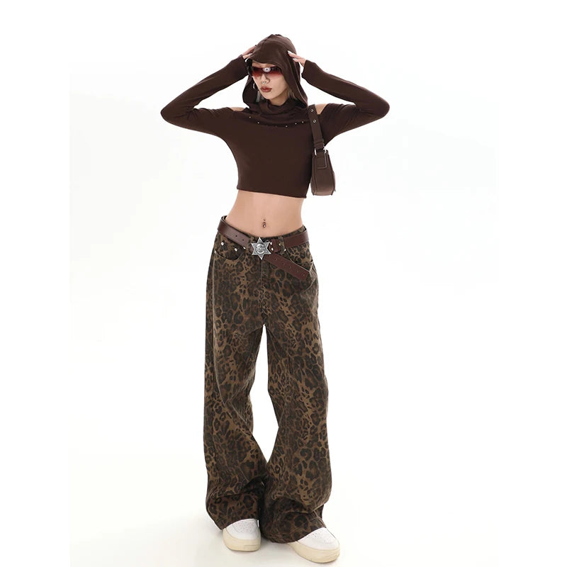 American Retro High Street Casual Overalls Leopard Print Loose Wide Leg Pants For Women Y2k Hip-hop Cargo Grunge Baggy Trousers