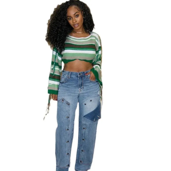 Women Mom Jeans Casual Splice High Waist Trousers Button Zipper Straight Pant Y2k Streetwear Loose Blue 2025 Summer Mom Jeans