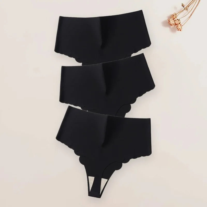 3Pcs/Set High-Waist Women's Panties Thongs Plain Slip Silk Wave Edged Fashion Seamless Female Underwear G-String for Ladies XS-L