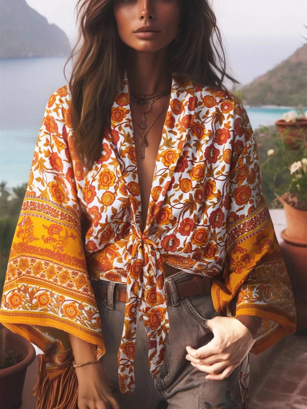 Vintage Women Fashion Boho Kimono Short Robe Swimsuits Floral Batwing Sleeves Rayon Bohemian Bikini Cover Ups Beachwear