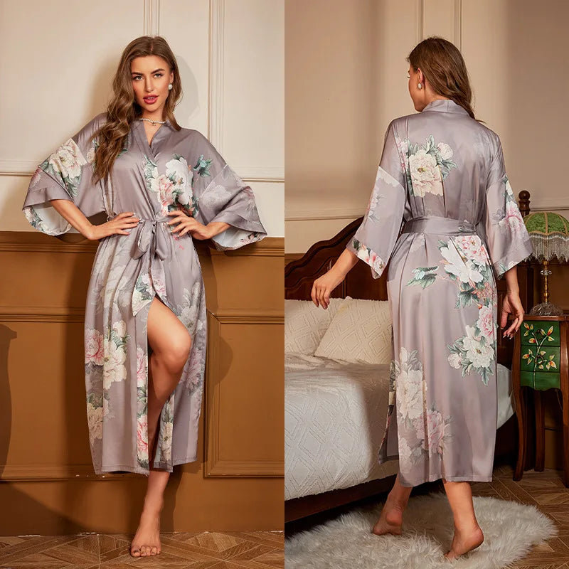 Print Flower Female Long Robe Sleepwear Japanese Kimono Bathrobe Gown Spring Summer Satin Nightgown Loose Casual Home Dress Wear