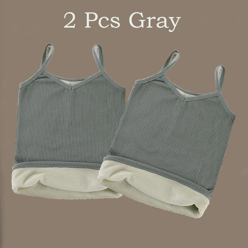 2PCS Women Winter Warm Underwear T-shirt Set Solid Color Thermal Casual Nightwear Sexy Elasticity Thin  Velvet Sleeveless Tops