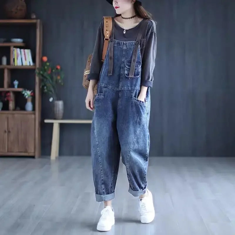 Loose Casual Denim Overalls Women's Wide Leg Pants Harem Jumpsuits Ageless plus Size New 2025 Fashion from Mainland China