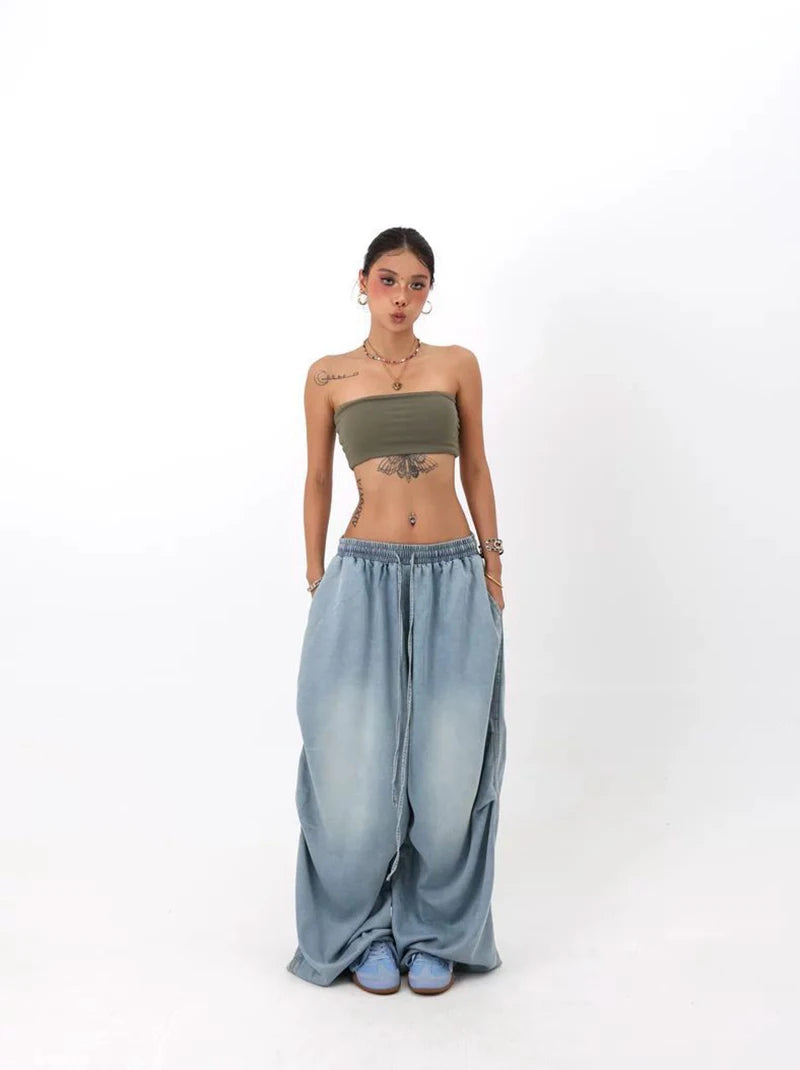 Autumn Oversized Women Wide Leg Jeans Y2K Hip Hop Streetwear Loose Denim Pants High Waist Drawstring All Match Straight Trousers