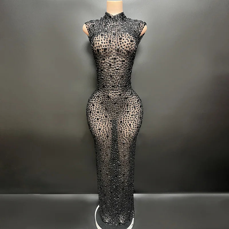 Sexy Full Drill Elastic Slim Fit Sleeveless Long Dress - Hip Wrap, For Host Stage Catwalk & Engagement Evening High-Slit Dresses