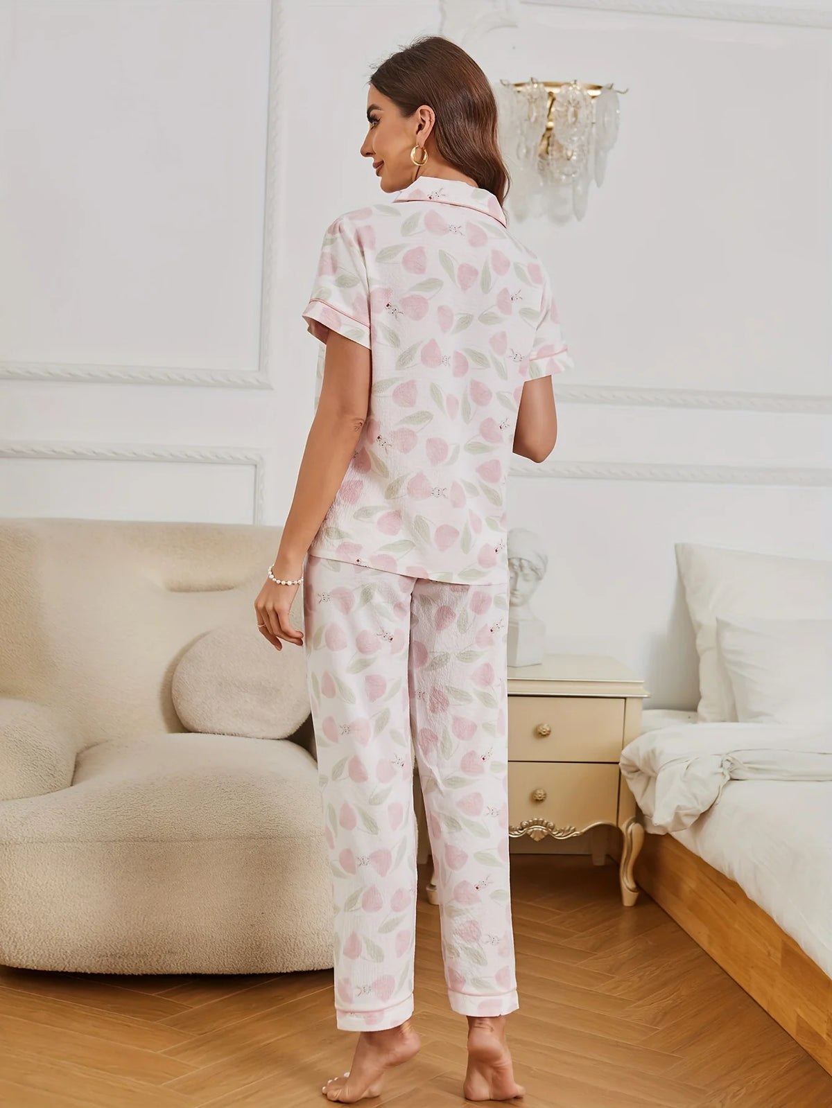 Tulip Print Pajama Set Elegant Short Sleeve Buttons Lapel Top & Elastic Pants Women's Sleepwear
