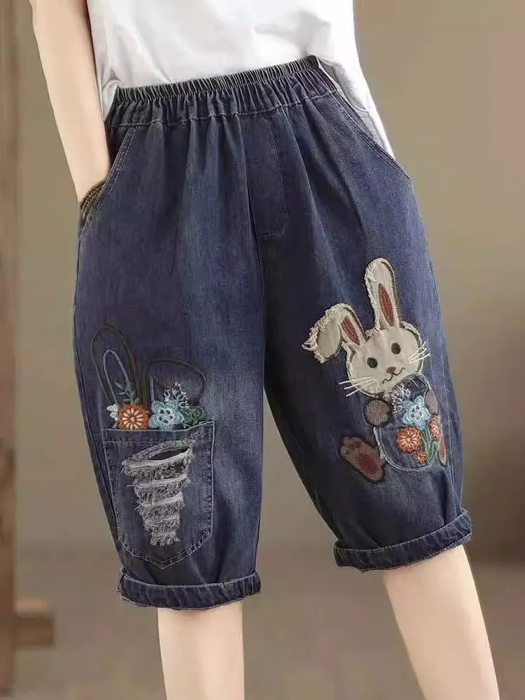 High Waist Loose Fit Cartoon Embroidery Denim orts Women's Summer Thin Harem Pants Wide Leg Casual Trousers