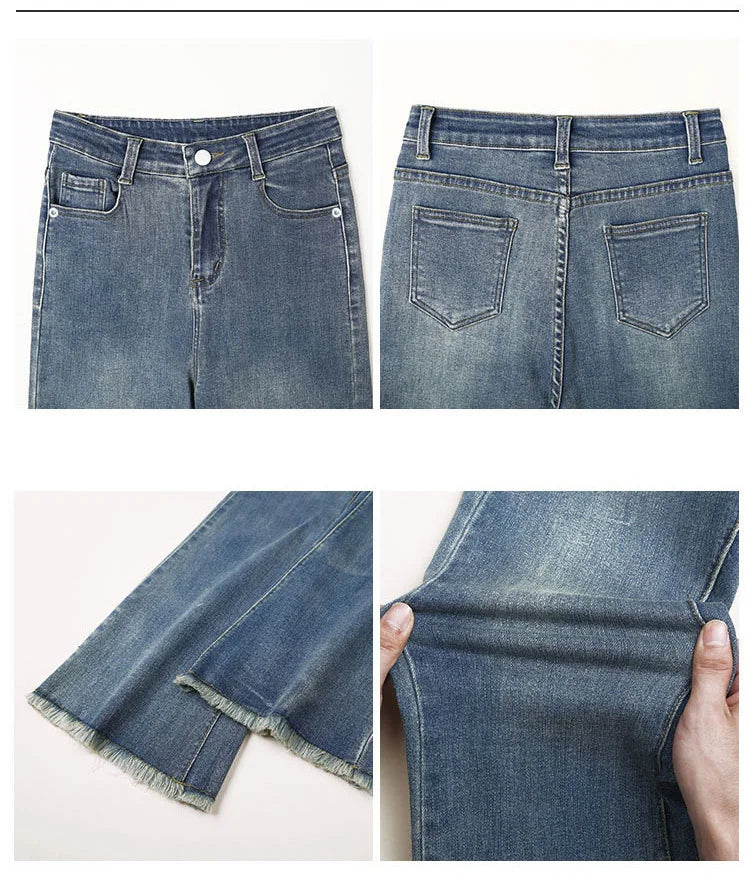 BIVIGAOS 2025 New Autumn Spring Micro Flared Jeans Women High Waist Slim Tight Retro Tassel Hem Stretch Denim Horseshoe Pants