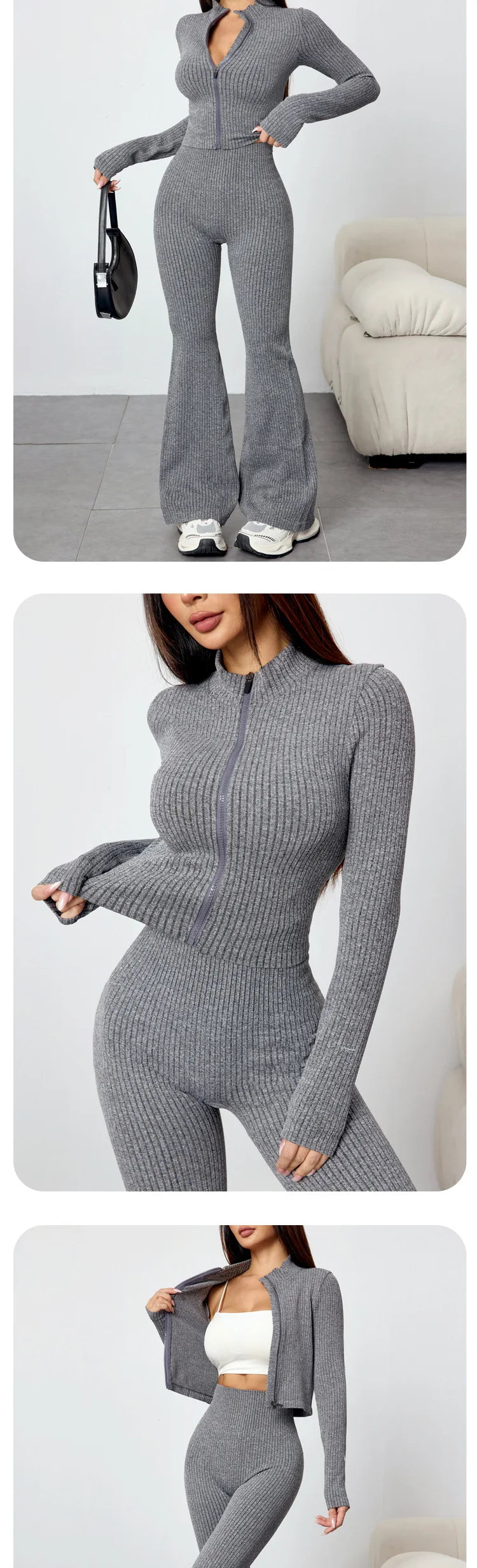 Women's Tight Fitness Yoga Outfit Set with Long Sleeves And Zipper Autumn Winter Sports Jacket And Bell Bottom Pants