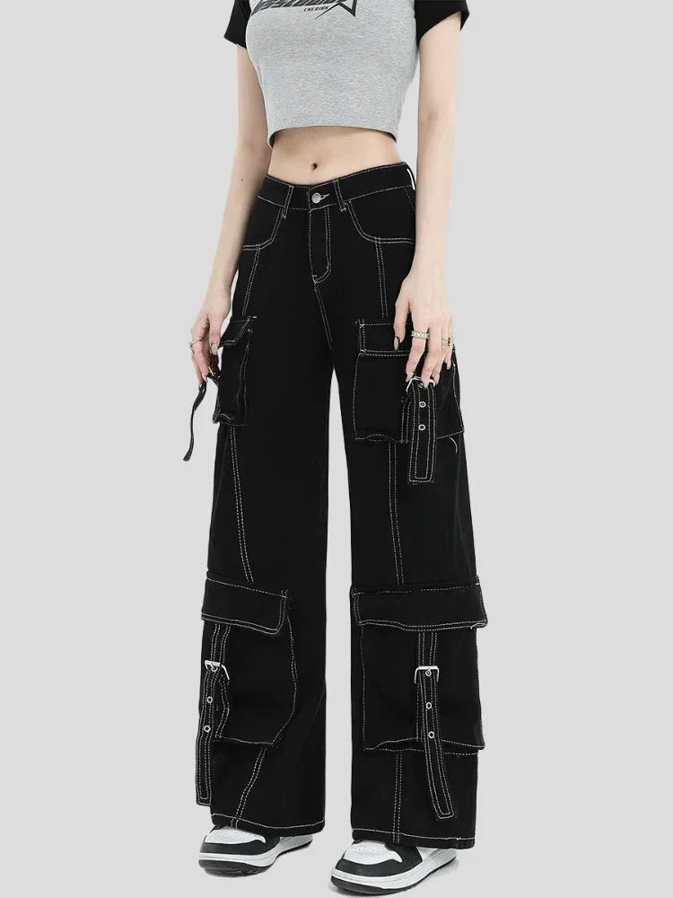 ADAgirl Black Cargo Jeans Women Y2k Harajuku Vintage Baggy Pockets Korean Wide Leg Denim Pants Hip Hop Causal Female Trousers