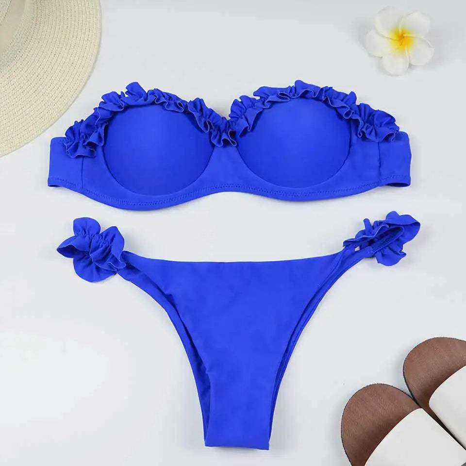 sexy ruffles strapless bikinis sets women leopard print swimsuit two pieces biquini push up bandeau lady swimwear bathing suits