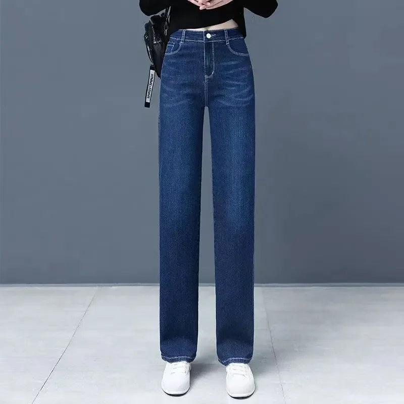 Women Vintage Thicken Loose Straight Jeans Korean Fashion High Waist Velvet Lined Denim Pants Winter Warm Snow Wear Vaqueros New