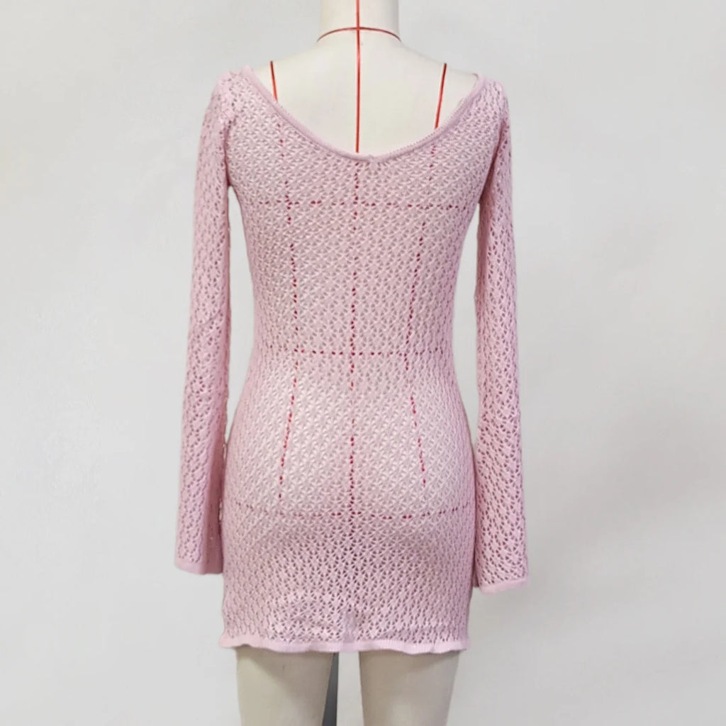 V Neck Long Sleeve Hollow Out Crochet Knitted Tunic Beach Cover Up Cover-ups Beach Dress Beach Wear Beachwear Female Women V6081