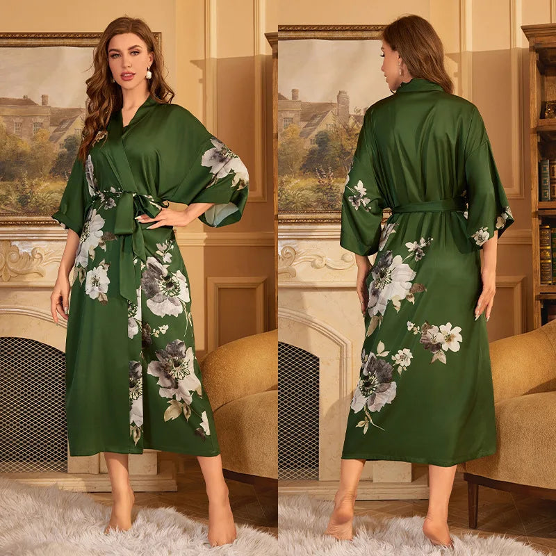 Print Flower Female Long Robe Sleepwear Japanese Kimono Bathrobe Gown Spring Summer Satin Nightgown Loose Casual Home Dress Wear