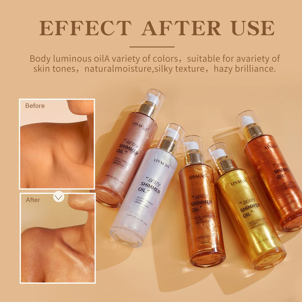 100ml Body Shimmer Oil Highlighter Face Brighten Glitter Bronzer Pearl White Rose Gold Skin Glow Illuminator Makeup Shine Liquid