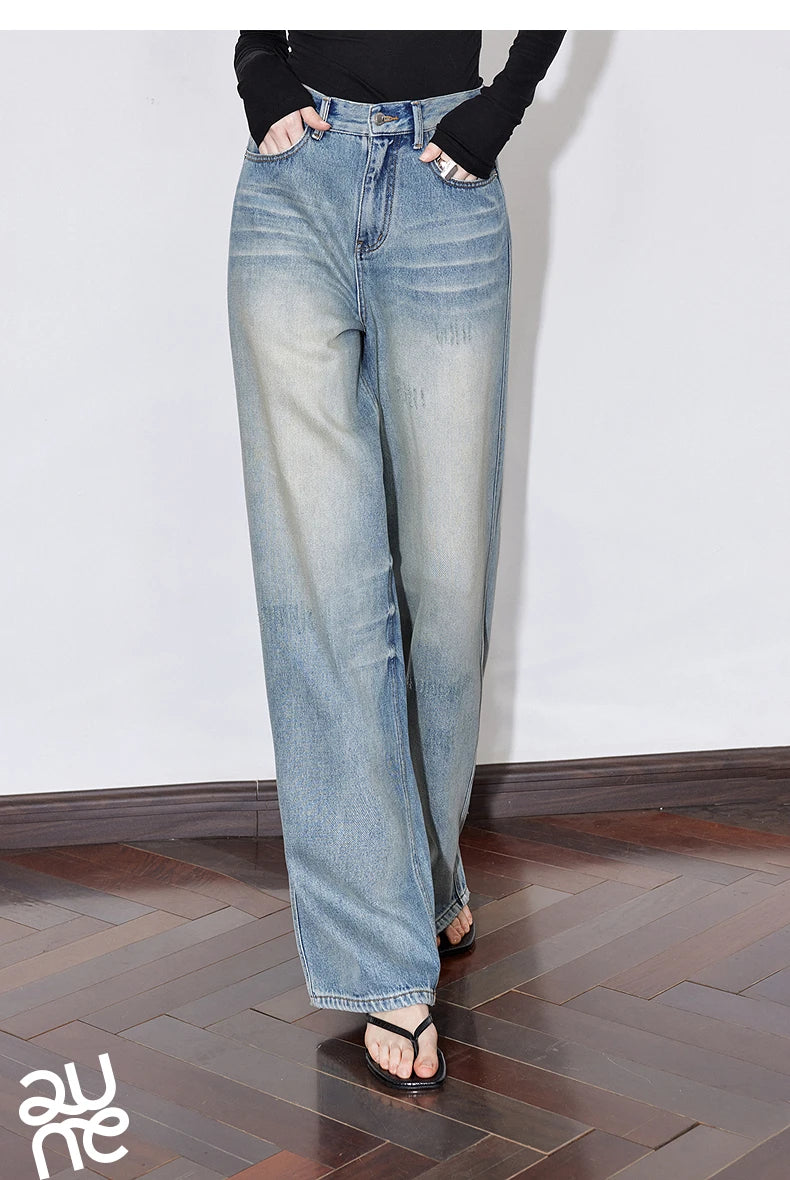 TOYOUTH Women Denim Jeans 2025 Spring New Mid Waist Wide Leg Straight Casual Long Pants