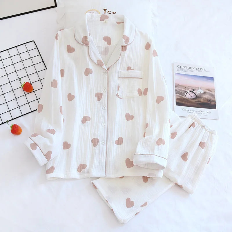 Summer women's 2-piece set of 100% pure cotton women's sleepwear bedroom set long sleeved+long pants women's sleepwear
