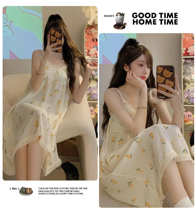 With Chest Cushion Halter Nightgown Female Summer Floral Breathable Thin Section of the Princess Style Loose Knee-Length Pajamas