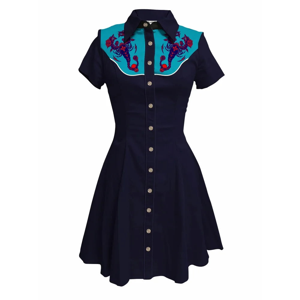 Flowers and Scorpions Printed Western Cowboy Dress for Women Sexy Girly Button-down Dress Short Sleeves 100% Cotton Summer Dress