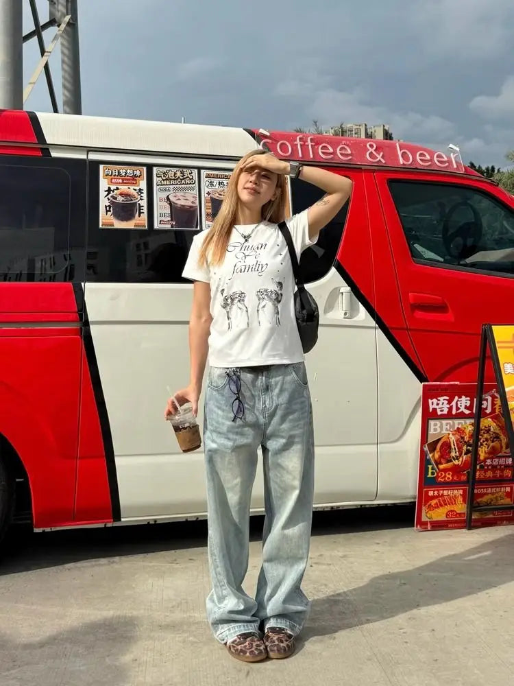 Wash Retro Light Blue Neutral Denim Trousers Women's Summer Cool Girl Pants Vintage Bottoms Female High Waist Wide-leg Jeans