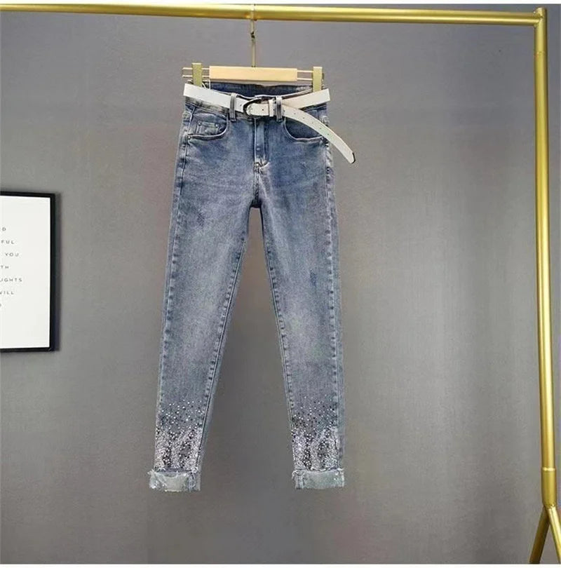 Spring Summer New 2025 Korean Slim Women Jeans Sequins Hot Drilling Denim Pants Ladies Pencil Cowboy Pants Trousers Lady