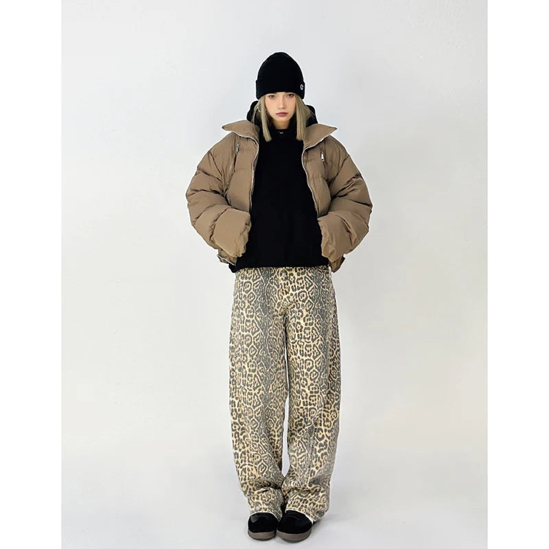 American Retro High Street Casual Overalls Leopard Print Loose Wide Leg Pants For Women Y2k Hip-hop Cargo Grunge Baggy Trousers