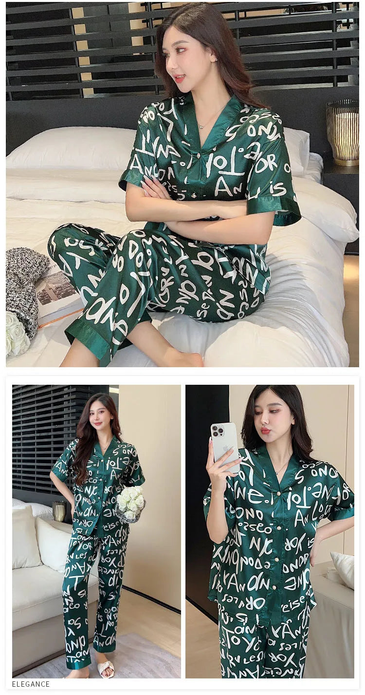 2 Pieces/Set Ladies Pajamas Ladies Homewear Women's Ice Silk Short Sleeve Long Pants Set Large Bear Pajamas Girls Clothes Lounge