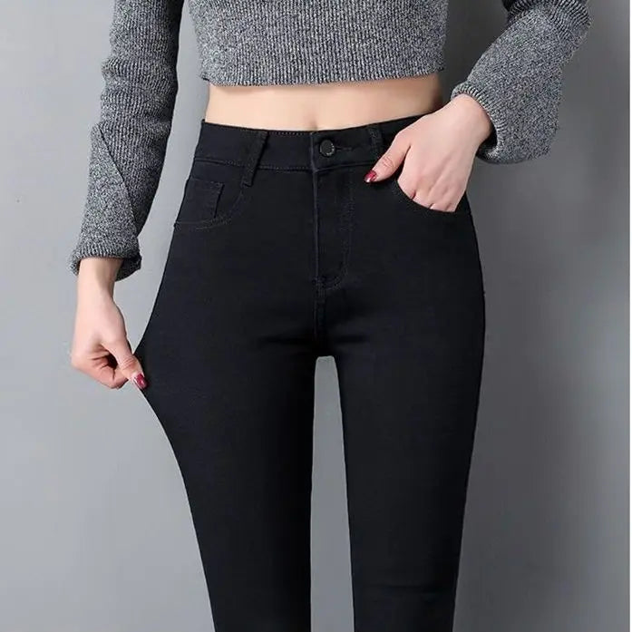 High Waist Women's Skinny Jeans Elastic e ey Slimming Versatile Long Pants Korean Sle Cotton Stretch Denim