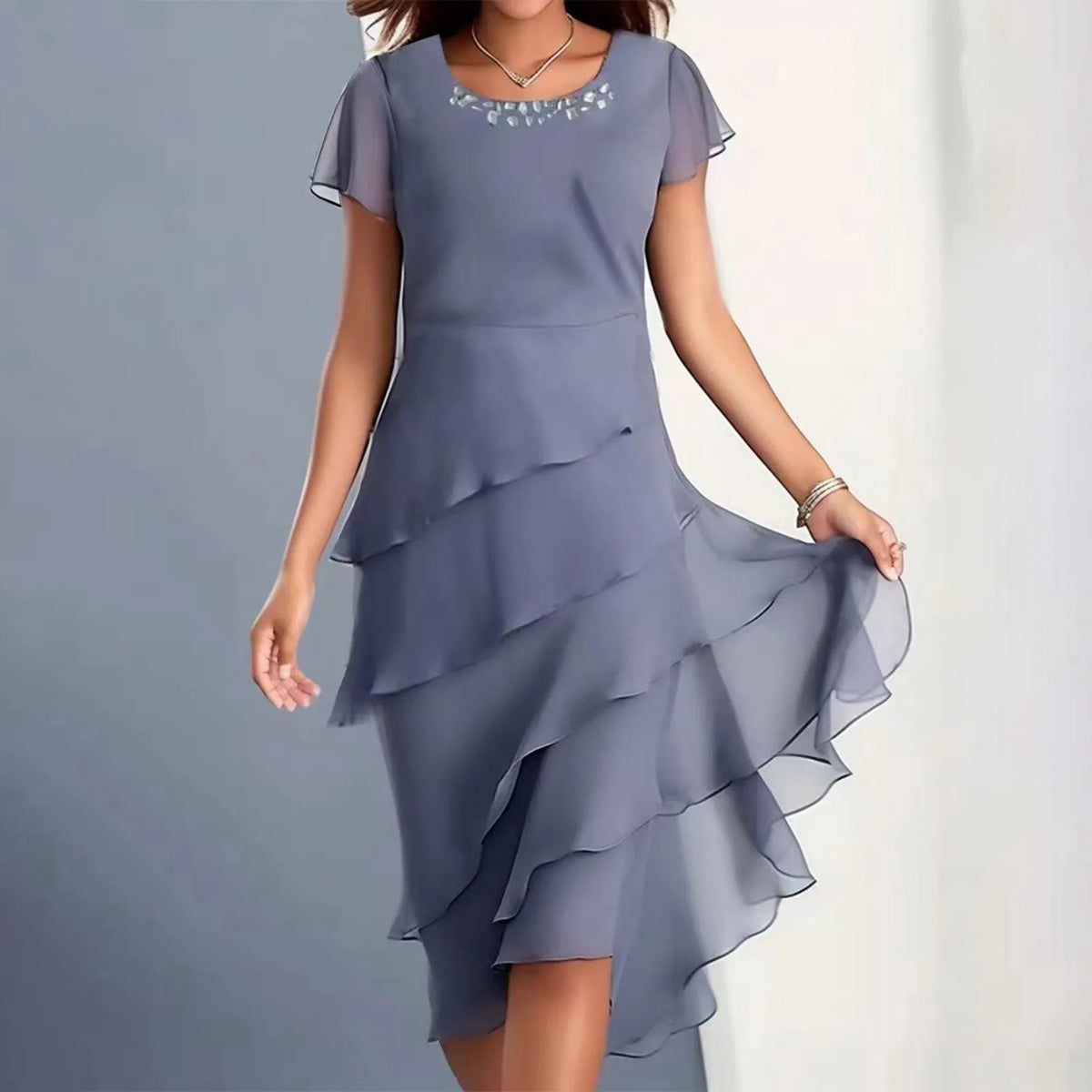 Womens Dresses Women'S Summer Solid Color Dress: Short Sleeve Round Neck Chiffon Paneled Dresses For Women Summer Plus Size