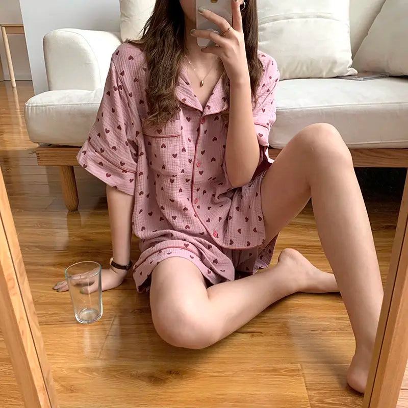 Cotton Women's Pajamas Korean Sleepwear Summer 2021 Pijama Heart Print Pyjamas Short Sleeve 2 Piece Set Suits Loungewear