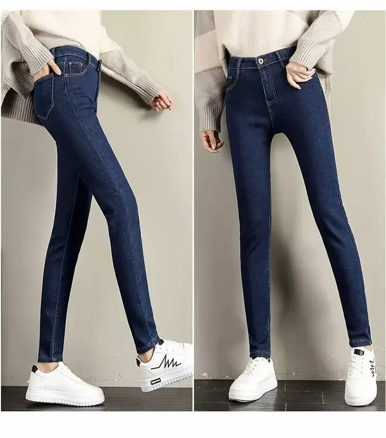 High Waist Fleece Lined Skinny Jeans Women's Autumn Winter New Style Pure Color Slimming Tight Fit Ankle Length Pants