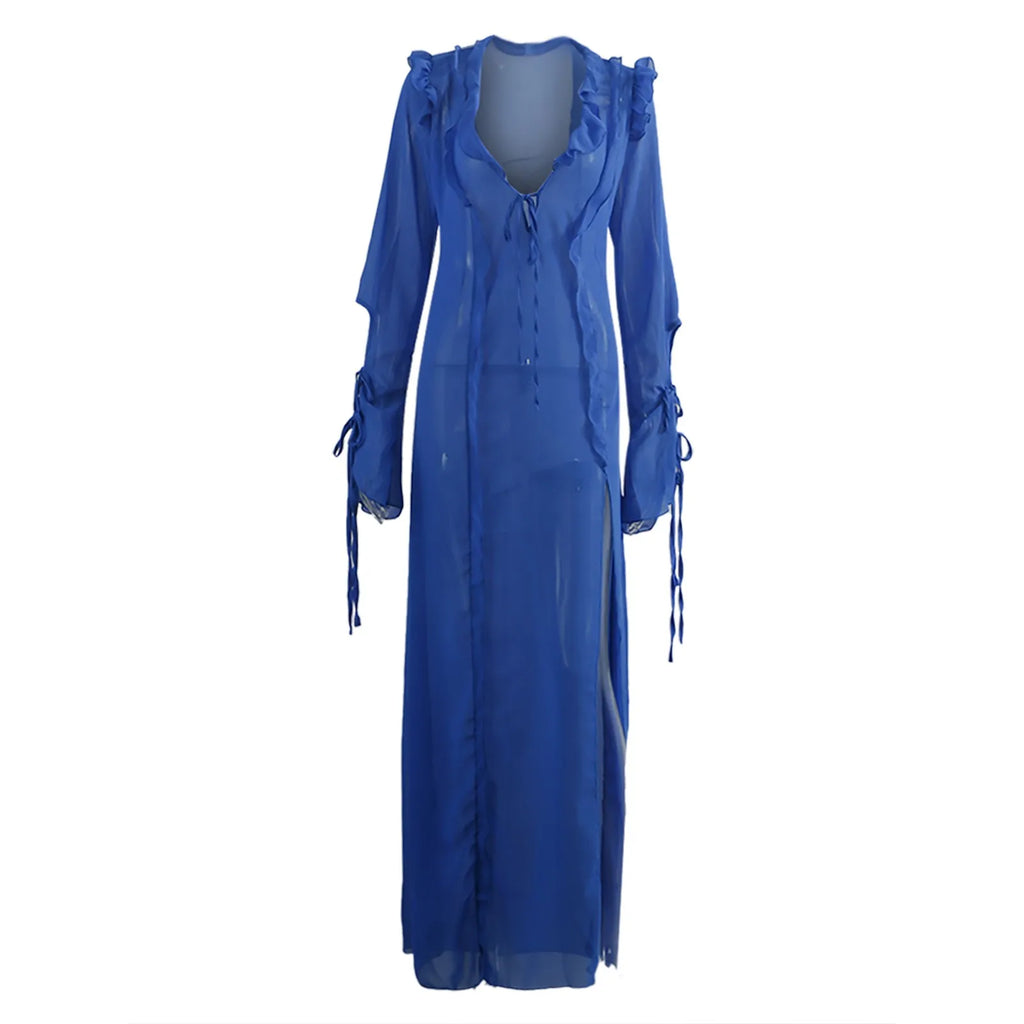 Luxury Women'S Elegant Dress Outfits Women'S Transparent And Beautiful Side Tie V Neck Slit Vestidos Elegantes Para Mujeres