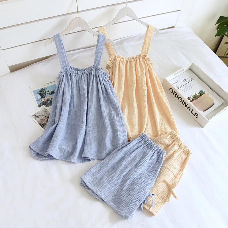 Fdfklak Pijamas Sexy Mujer Summer Sleeveless Gauze Cotton Women's 2 Piece Set Pyjamas Elegant New Soft Home Nightwear