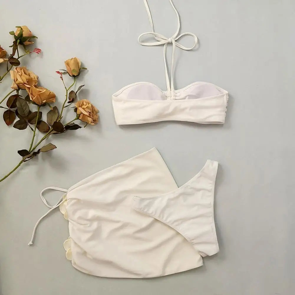 3Pcs/Set Women Summer Bikini Set 3D Rose Flower Decor Halter Bandeau Pleated Bra Swimming Trunks Overskirt Set Swimsuit 수영복 세트