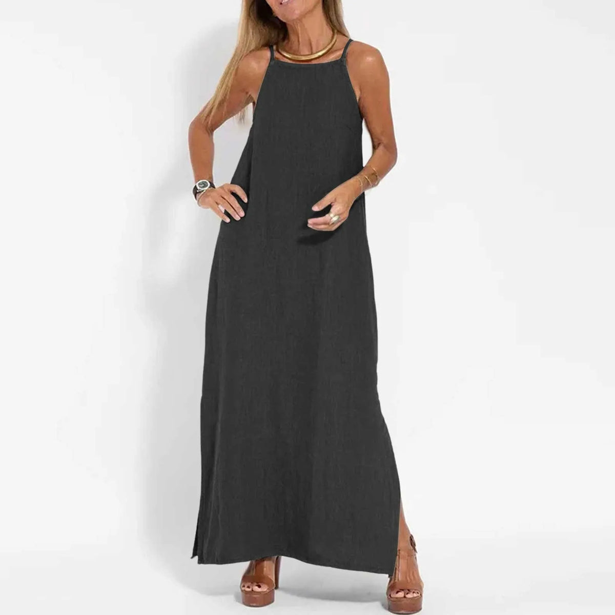 Dresses For Formal Occasions Women'S Fashion Casual Split Strap Dress Solid Color Boho Long Dresses Vestidos Verano Moda 2024