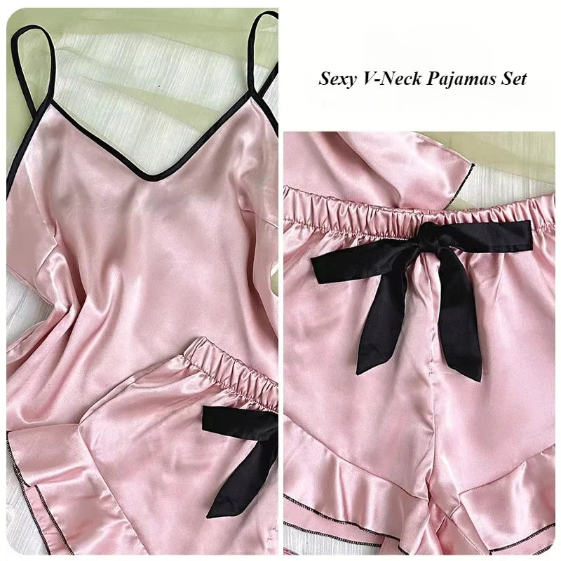 Women's Smooth Satin Pajamas V-Neck T-Shirt Ruffled Edges And Bow Shorts Simple And Breathable Pajama Set Sling Home Clothing