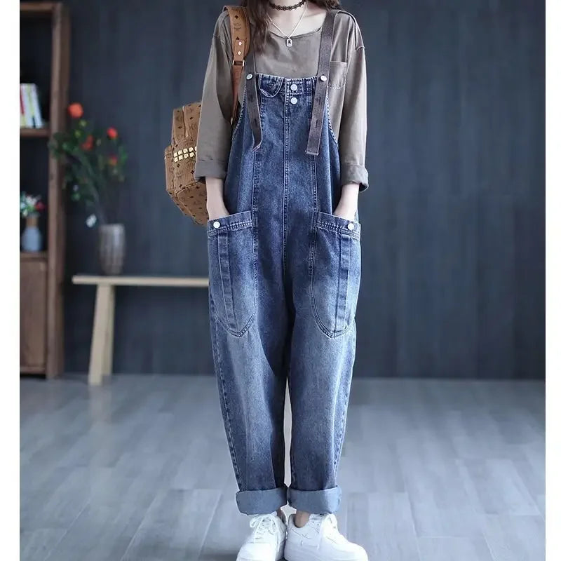 Loose Casual Denim Overalls Women's Wide Leg Pants Harem Jumpsuits Ageless plus Size New 2025 Fashion from Mainland China