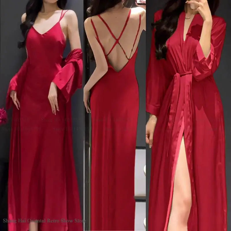 New Female 2PCS Long Robe Nightgown Sleepwear Set Backless Suspender Nightdress Lingerie Elegant SEXY Home Dress Loungewear