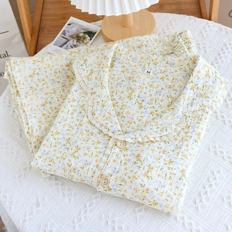 100% Cotton Gauze Women Pajamas 2025 New Spring/Autumn Sleepwear Female 2 Piece Set Nightwear Lady Pyjamas Loungewear