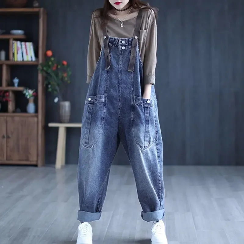 Loose Casual Denim Overalls Women's Wide Leg Pants Harem Jumpsuits Ageless plus Size New 2025 Fashion from Mainland China