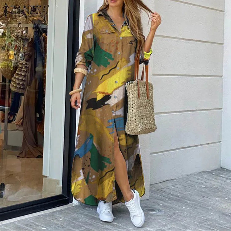 Camouflage Leopard Letters Floral Printed Dresses for Women 2025 Buttons Long Sleeve Loose Split Casual Solid Maxi Dress Robe