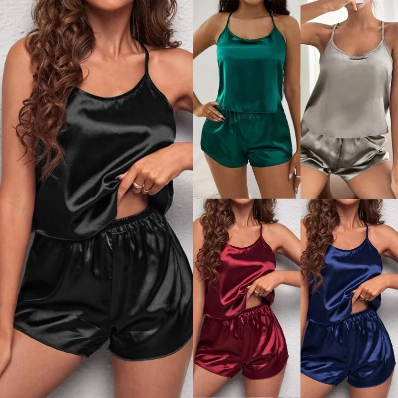 Women's Sleepwear Sexy Lace Satin Pajama Sets Nightwear Sleeveless Tops+Shorts 2 Pcs Sets Pyjama Sets for Women Pijama XiZ