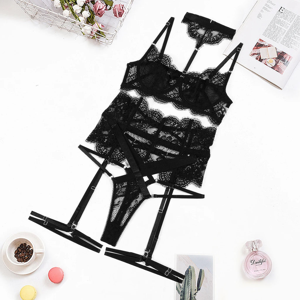 MUZISKAT 2025 New Lace Splicing Body Shaping Erotic Suit See-Through Neck Sexy Lingerie Four-Piece Set