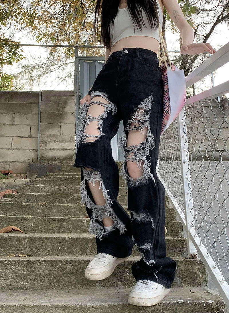 Zoki Hip Hop Hole Jeans Women Y2K Streetwear Harajuku Hollow Out Denim Pant American Retro High Waist Female Straight Trousers