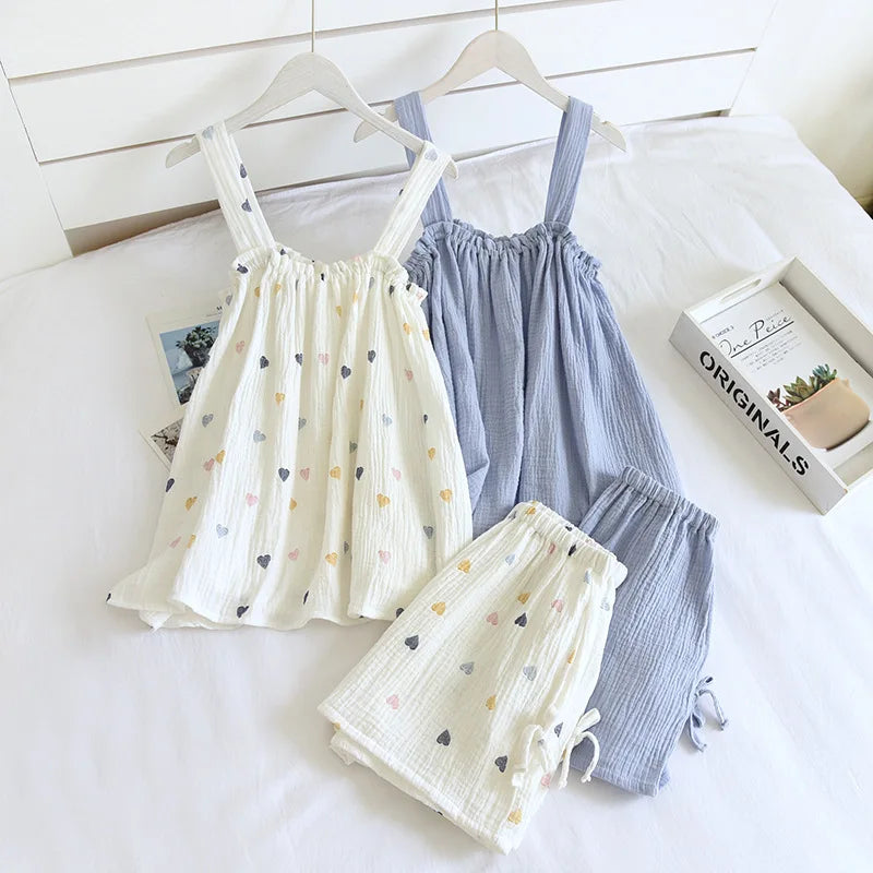 Fdfklak Pijamas Sexy Mujer Summer Sleeveless Gauze Cotton Women's 2 Piece Set Pyjamas Elegant New Soft Home Nightwear