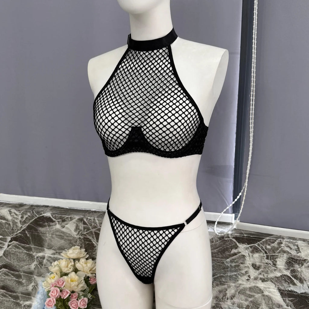 Ellolace Intimate Lingerie Sexy Women Fancy Tank Top Thong 2PC Seductive Hollow Fishnet Party Outfit Hot Girl Backless Underwear