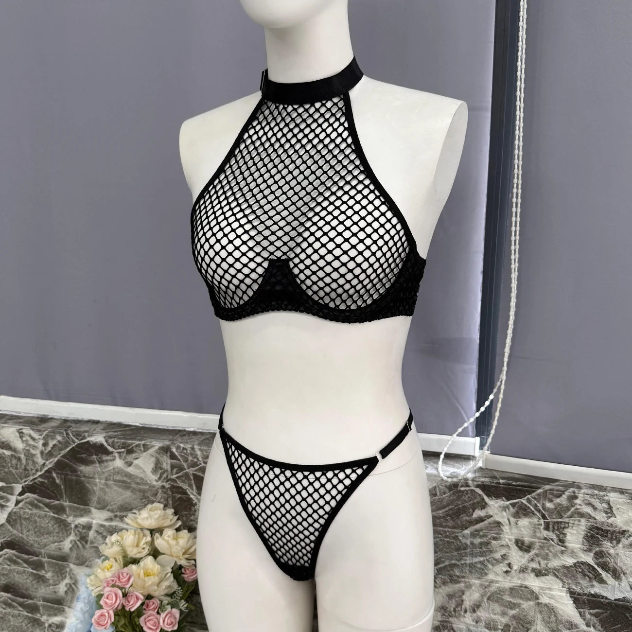 Ellolace Intimate Lingerie Sexy Women Fancy Tank Top Thong 2PC Seductive Hollow Fishnet Party Outfit Hot Girl Backless Underwear