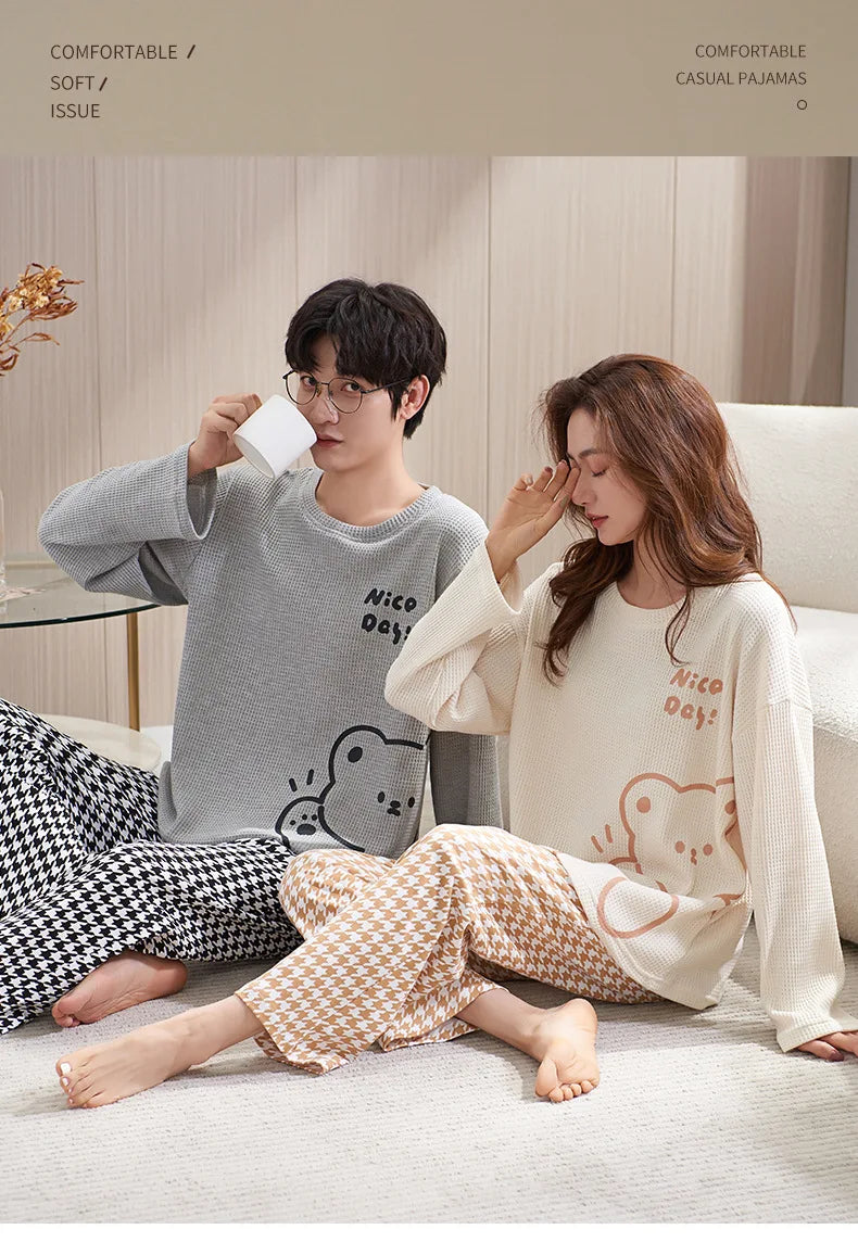 Couple Long Sleeves Sleepwear Autumn Winter Cotton Pajama Sets Print Pants Homewear Kawaii Clothes 2 Piece Sets Nightwear Lovers