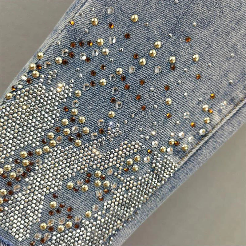 Spring Summer New 2025 Korean Slim Women Jeans Sequins Hot Drilling Denim Pants Ladies Pencil Cowboy Pants Trousers Lady